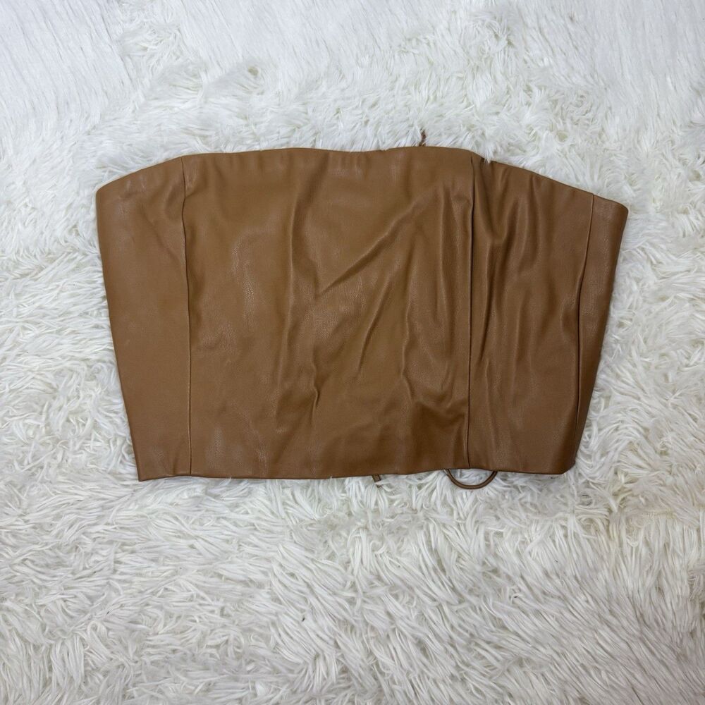 Meshki Pamela Faux Leather Strapless Crop Top Size XLarge Brown Lace Up Corset